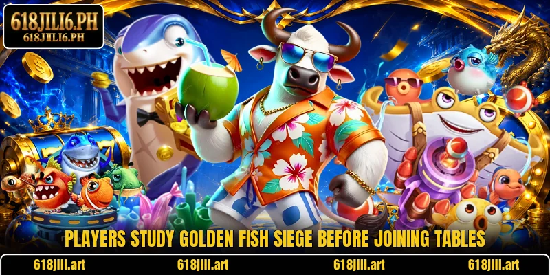 Players study Golden Fish Siege before joining tables